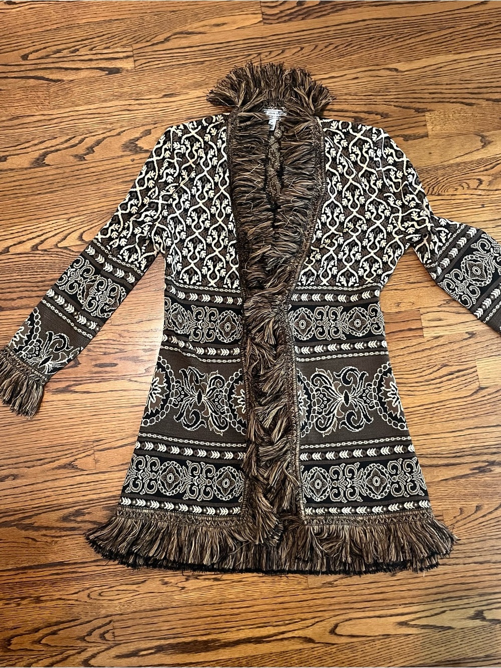 St. John Sport Brown and Cream Patterned Fringe-Trim Knit Cardigan